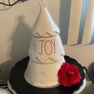 Rae Dunn White Ceramic Holiday Tree with Red Joy Accent Canister